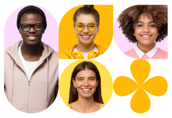 Collage of diverse happy young people smiling portraits on colorful shapes design