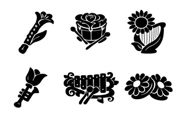 Obraz premium Garden Orchestra Icons. Solid style icons of Garden Orchestra: lily flute, rose drum, sunflower harp, tulip trumpet, vine