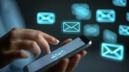 Woman checking email notifications on smartphone with envelope icons on blue background