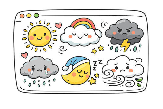 Emotional Weather Icons. Doodle-style vector icon of a mood weather dashboard, changing emotional states shown as animated weather