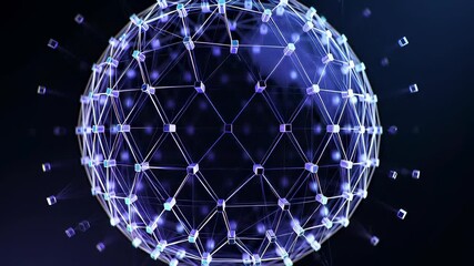 Digital data sphere rotating with glowing blue network connections in a futuristic 3D animation, visualizing global blockchain and AI technology. - Powered by Adobe