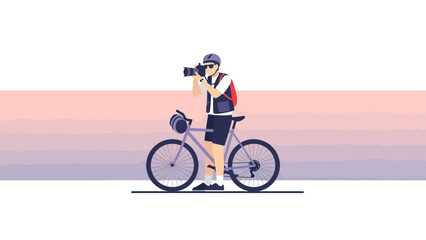 Fototapeta premium Cyclist Photographer Capturing Sunset Scenery During Bike Touring Adventure