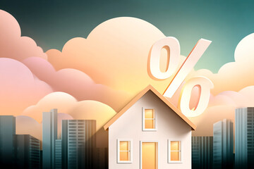 House with large percentage symbol rising above city skyline, surrounded by colorful clouds, representing real estate market trends and financial concepts in a vibrant urban setting