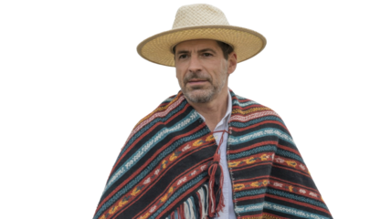 Mature man with poncho and straw hat