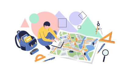 Creative Urban Planner Making Notes on a Map with School Supplies around