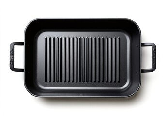 A black rectangular cast iron grill pan with two handles and ridged bottom on a white background.