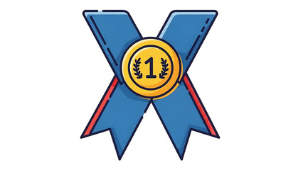 A vector graphic illustration of a blue ribbon with a gold medal and laurel wreath