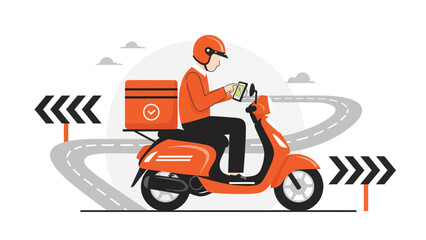 Delivery Service With Orange Scooter And Courier Holding A Digital Device