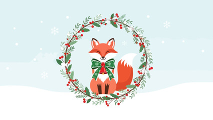 Cute Fox In Christmas Wreath Festive Holiday Illustration Vector Art