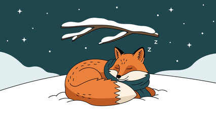 Cute Fox Sleeping Peacefully Under Snowy Branch on a Winter Night