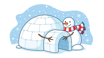 Cute Snowman Builds an Igloo on a Snowy Day Illustration