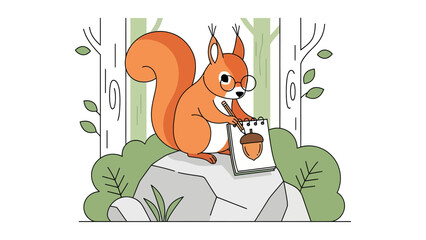 Cute Squirrel Drawing An Acorn On A Pad In The Forest Scene
