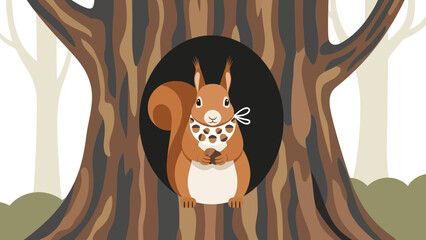 Cute Squirrel Character In Tree Hollow Autumn Forest Illustration Design
