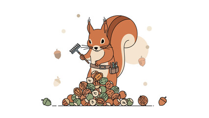 Cute Squirrel Harvests Nuts for Autumn With Rake and Tools Illustration