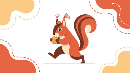 Cute Squirrel Mascot Character Running With Cookie In Autumn Colors Isolated