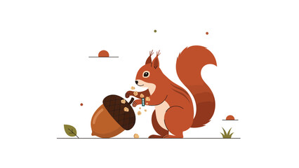 Cute Squirrel Peeling Acorn Kernel Autumnal Scene Flat Design Illustration