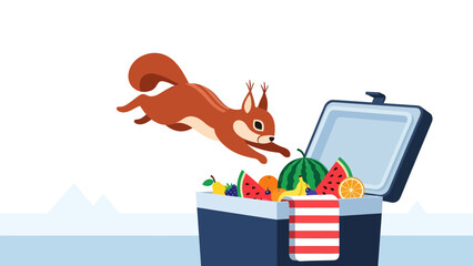 Cute Squirrel Reaching For Fresh Fruits In An Open Cooler Box