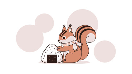 Cute Squirrel With Scarf Hugging Onigiri Cartoon Illustration Isolated on White