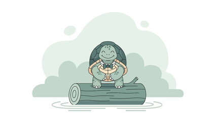 Cute Turtle Cartoon Character In Bowtie Sitting On A Log In Flat Design Style