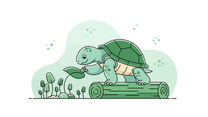 Cute Turtle Exploring Nature Holding Leaf On Log In Peaceful Illustration
