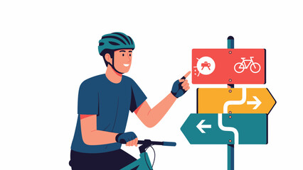 Cyclist Choosing A Route On A Signpost For Mountain Biking Adventure