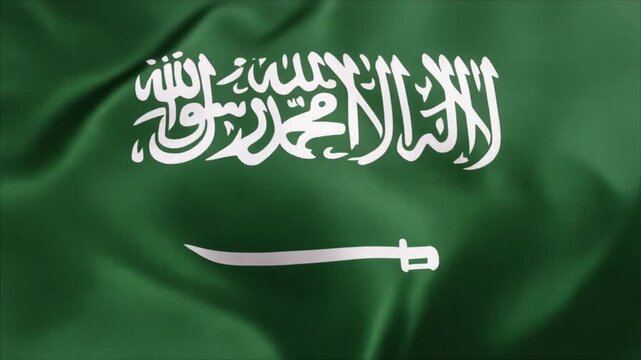 The green flag of Saudi Arabia featuring the Shahada in white Arabic script and a white sword below it