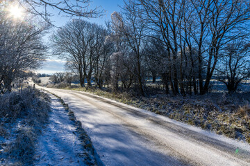 A view along a snow covered county road near Devil's Dyke in Sussex