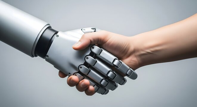 Close-up of a handshake between a human hand and a metallic robotic hand, symbolizing partnership in technology and AI.