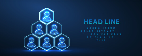 HR manage. Abstract pyramid of hexagons with people icons and leader on top. Manage human resource, team leader, recruitment process, change personnel, career growth, HR leadership concept

