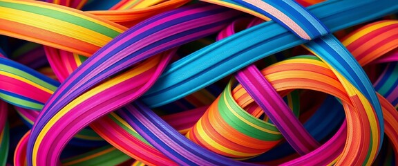 Vibrant, interwoven stripes of various colors, twisted into a dynamic pattern,  wire,  striped