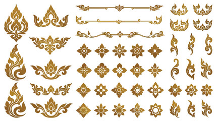 Thai Decoration Elements Design Collection: Traditional Kanok Patterns and Lotus Ornaments. Elegant Floral Symbols, Corner Motifs and Cultural Graphic Assets for Luxury Branding and Design
