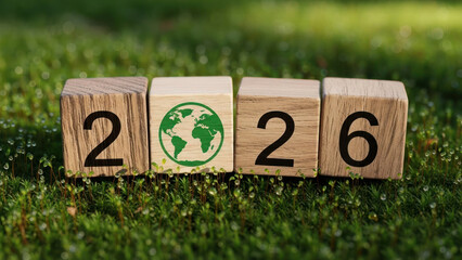 Wooden blocks display year 2026 with a globe symbol, on green grass.