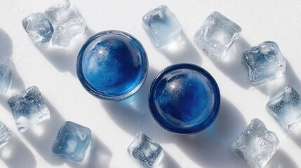 Close-up of blue ice spheres surrounded by ice cubes on white surface