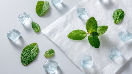 Fresh mint leaves on white napkin with scattered ice cubes for refreshing presentation
