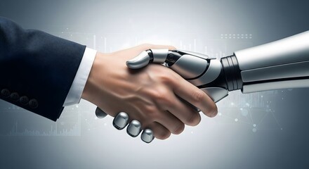 Human and AI robot hand shaking hands to symbolize future technology, digital business partnership, and artificial intelligence collaboration.