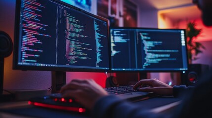 Hands coding on a two-monitor setup in a dark room generative ai