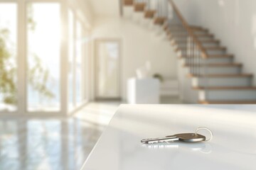 Modern home interior with sunlit staircase and keys on minimalist table