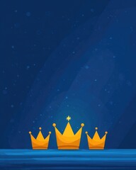 Three golden crowns on blue background with star and sparkles