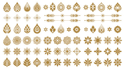 Thai decorative graphic elements set with golden lotus, Kanok patterns, flame motifs and floral ornaments in traditional Thai style for luxury cultural branding, borders, dividers and elegant design