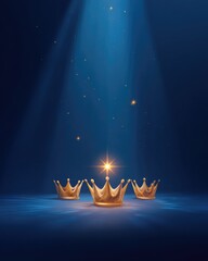 Golden crowns illuminated by spotlight on deep blue stage with sparkling stars