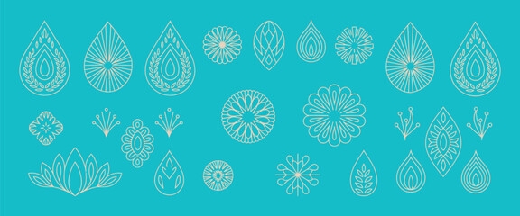 Thai decorative graphic elements set with golden lotus, Kanok patterns, flame motifs and floral ornaments in traditional Thai style for luxury cultural branding, borders, dividers and elegant design