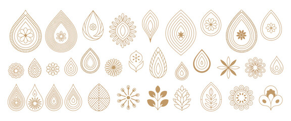 Thai decorative graphic elements set with golden lotus, Kanok patterns, flame motifs and floral ornaments in traditional Thai style for luxury cultural branding, borders, dividers and elegant design