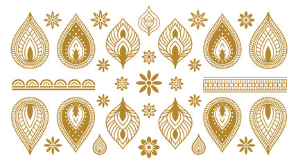 Thai decorative graphic elements set with golden lotus, Kanok patterns, flame motifs and floral ornaments in traditional Thai style for luxury cultural branding, borders, dividers and elegant design