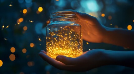 hands holding a clear jar filled with fireflies glowing at night. generative ai