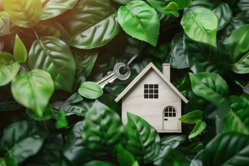 Wooden house symbol and key amidst lush green leaves
