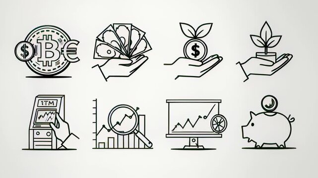 Set of animated finance line icons featuring bitcoin dollar and euro currencies with banking symbols like atm and piggy bank, illustrating investment concepts.