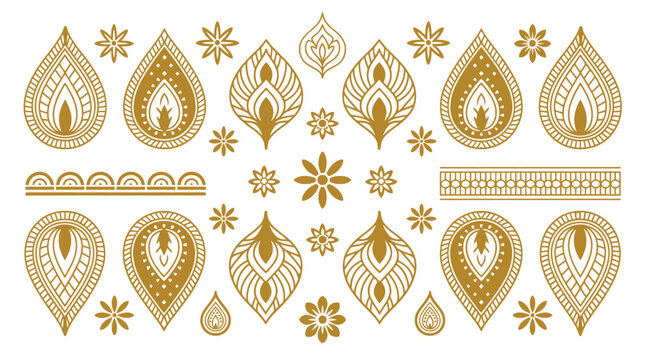 Thai decorative graphic elements set with golden lotus, Kanok patterns, flame motifs and floral ornaments in traditional Thai style for luxury cultural branding, borders, dividers and elegant design