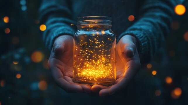 hands holding a clear jar filled with fireflies glowing at night. generative ai