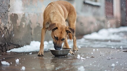 Brown dog eating from bowl on snowy street