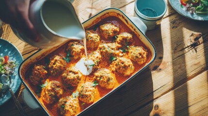 Creamy meatballs with red sauce in baking dish on wooden table